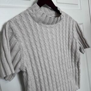 Talbots Cable Knit Women's Large P Short Sleeve Top Grey Cotton Linen Clean Girl